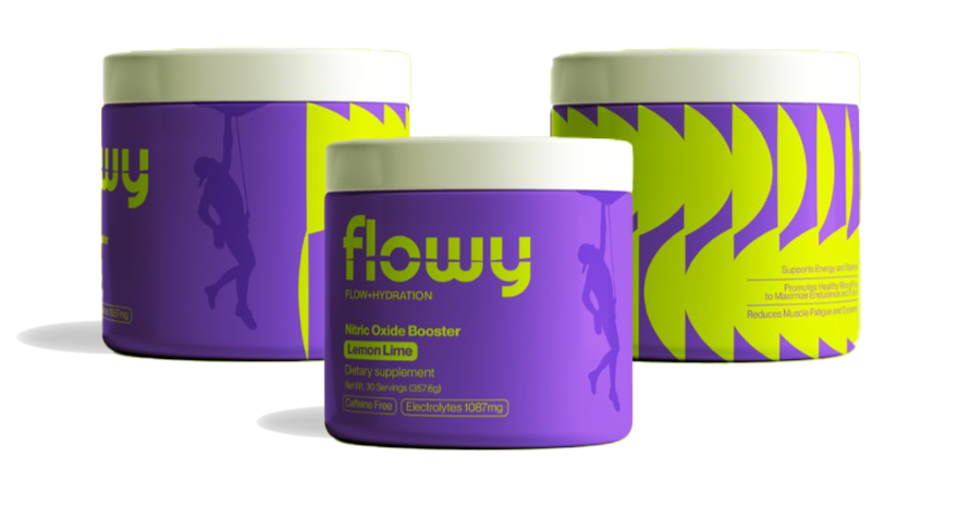 Purple jar of Flowy nitric oxide powder.